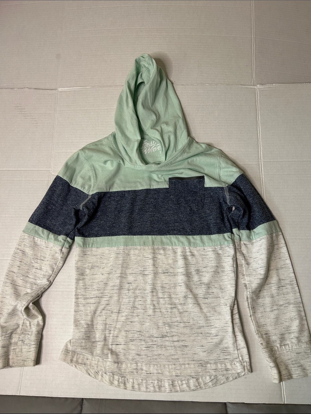 First Wave Boys Size 8 Light Mint Hooded Tee with White Logo pocket stripe